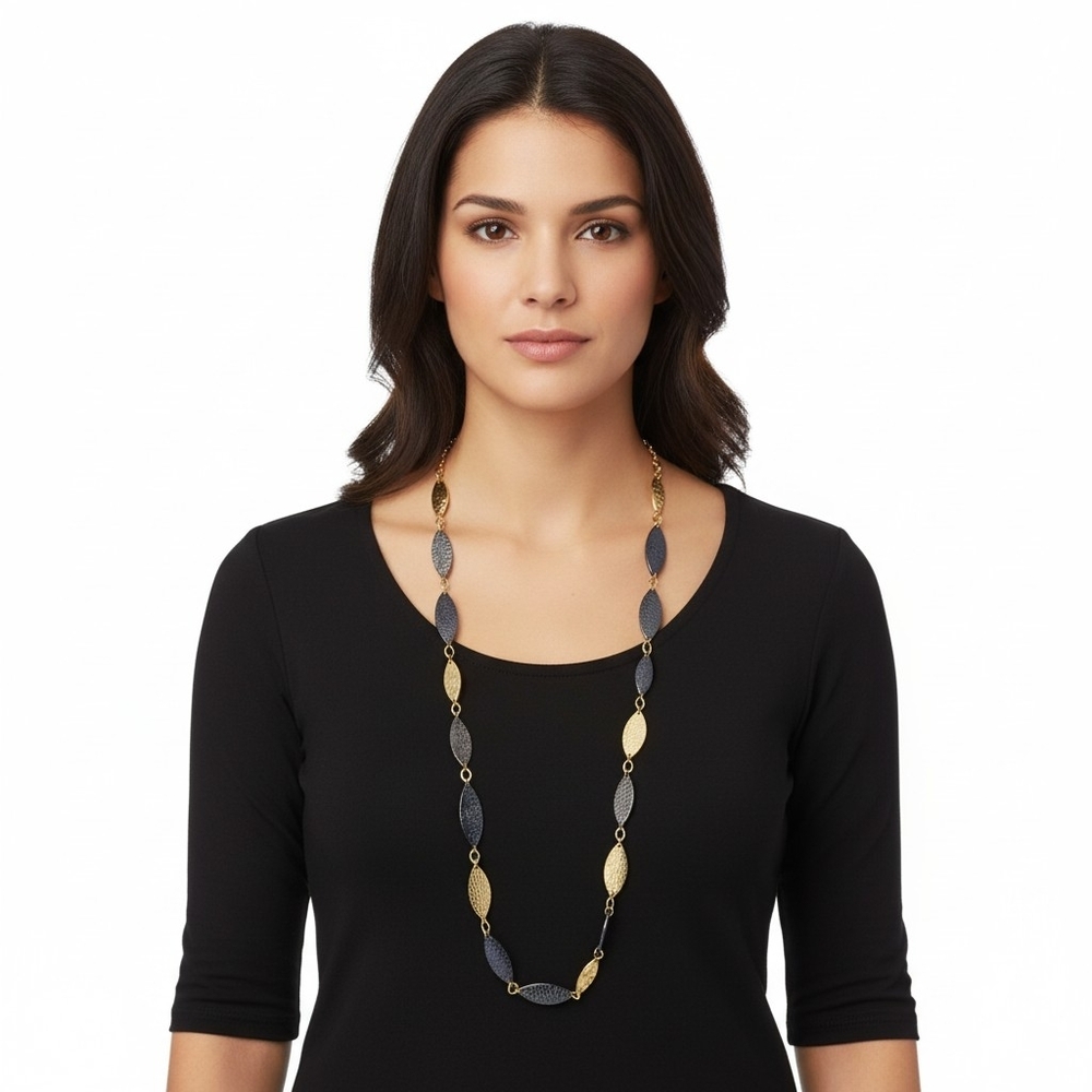 Erica Lyons Mixed Metal Gold & Black Marquise Station Long Necklace New